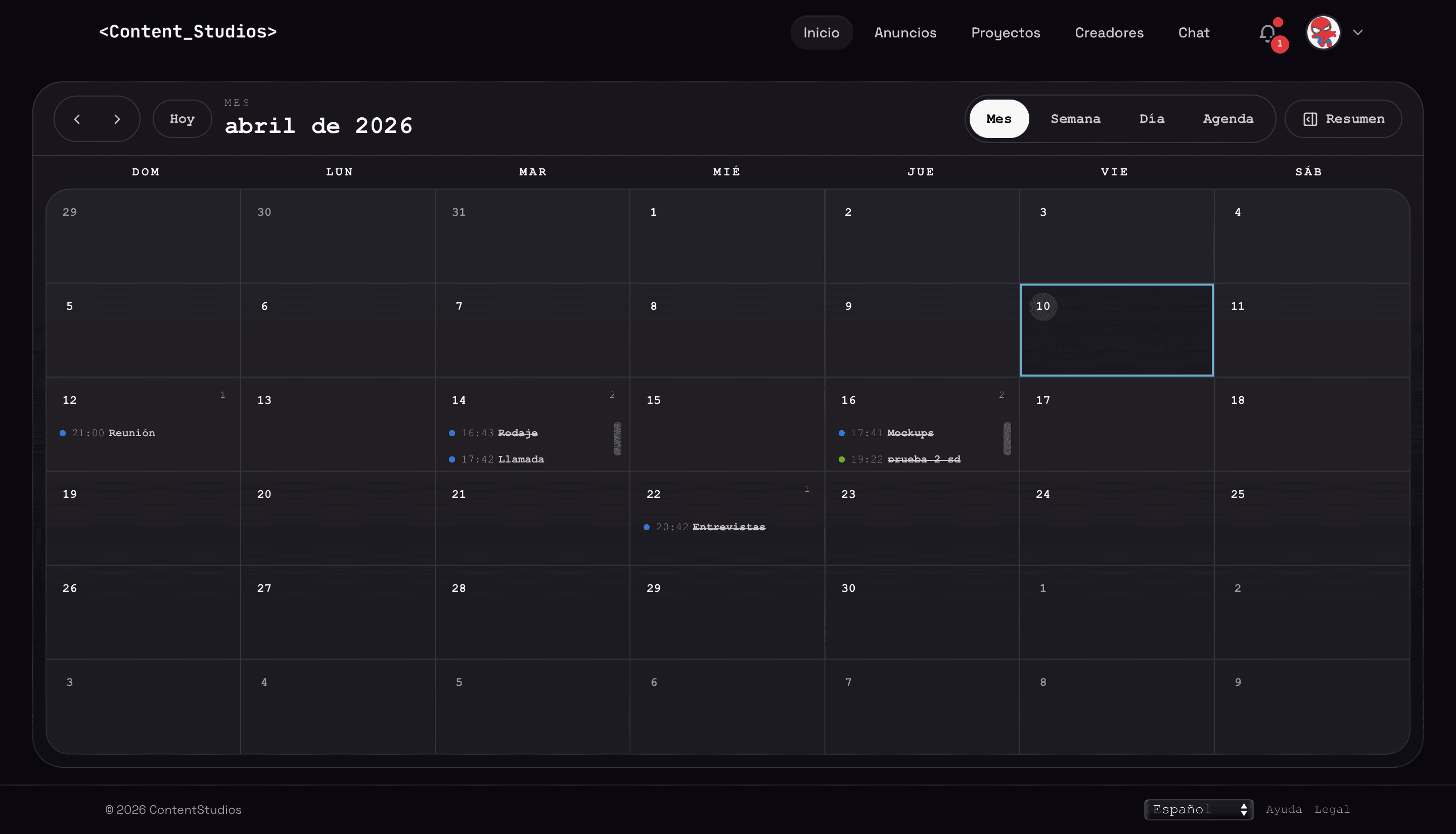 Captura real de contentstudios.app — calendario de proyectos